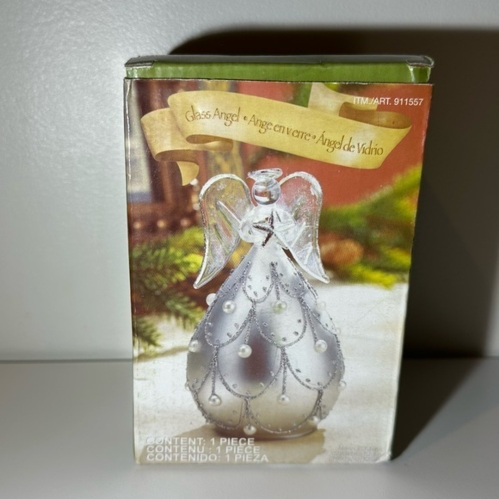 NIB vintage Glass Angel with pearl accents and silver glitter ornament